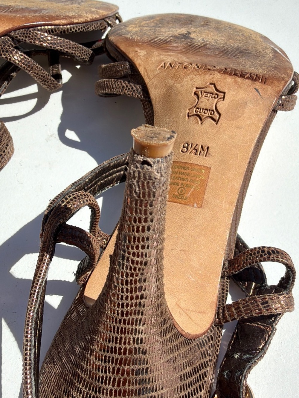 ANTONIO MELANI Metallic Brown Full Leather High-Heel Strappy Sandals - Picture 6 of 14